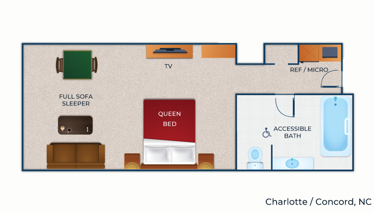 The floor plan for the accessible bathtub Queen Sofa Suite